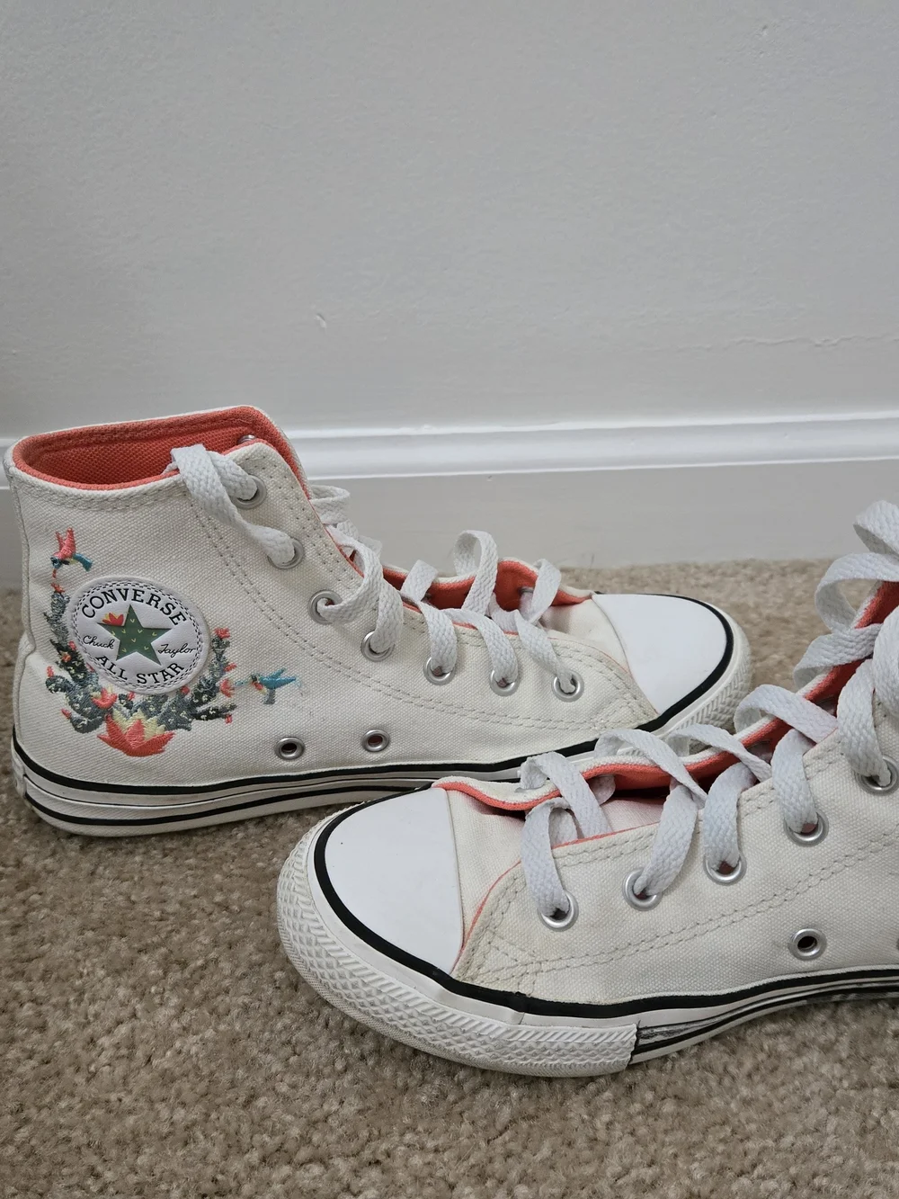 Converse Cream High-Top Sneakers with Coral Accents